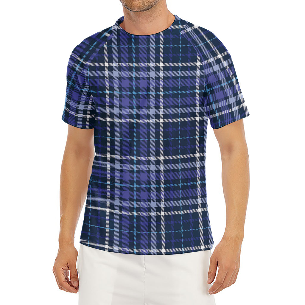 Blue Border Tartan Pattern Print Men's Short Sleeve Rash Guard