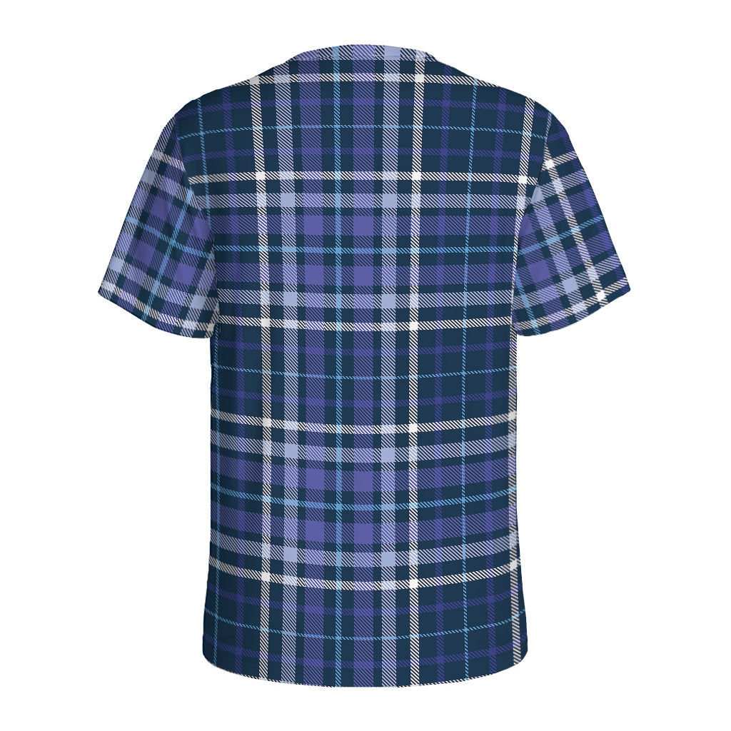 Blue Border Tartan Pattern Print Men's Sports T-Shirt