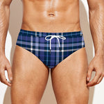 Blue Border Tartan Pattern Print Men's Swim Briefs