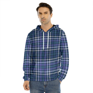 Blue Border Tartan Pattern Print Men's Velvet Pullover Hoodie