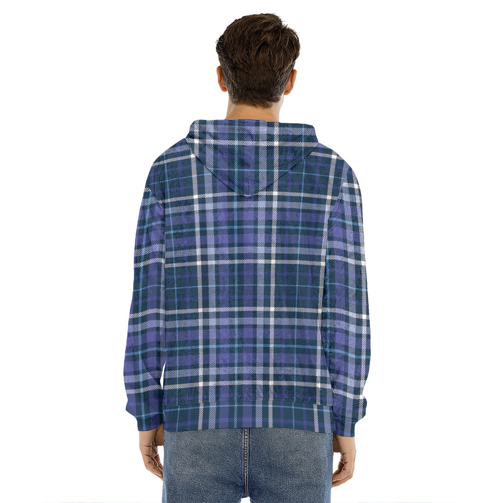 Blue Border Tartan Pattern Print Men's Velvet Pullover Hoodie