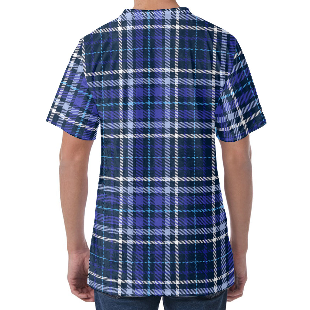 Blue Border Tartan Pattern Print Men's Velvet T-Shirt