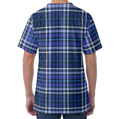 Blue Border Tartan Pattern Print Men's Velvet T-Shirt