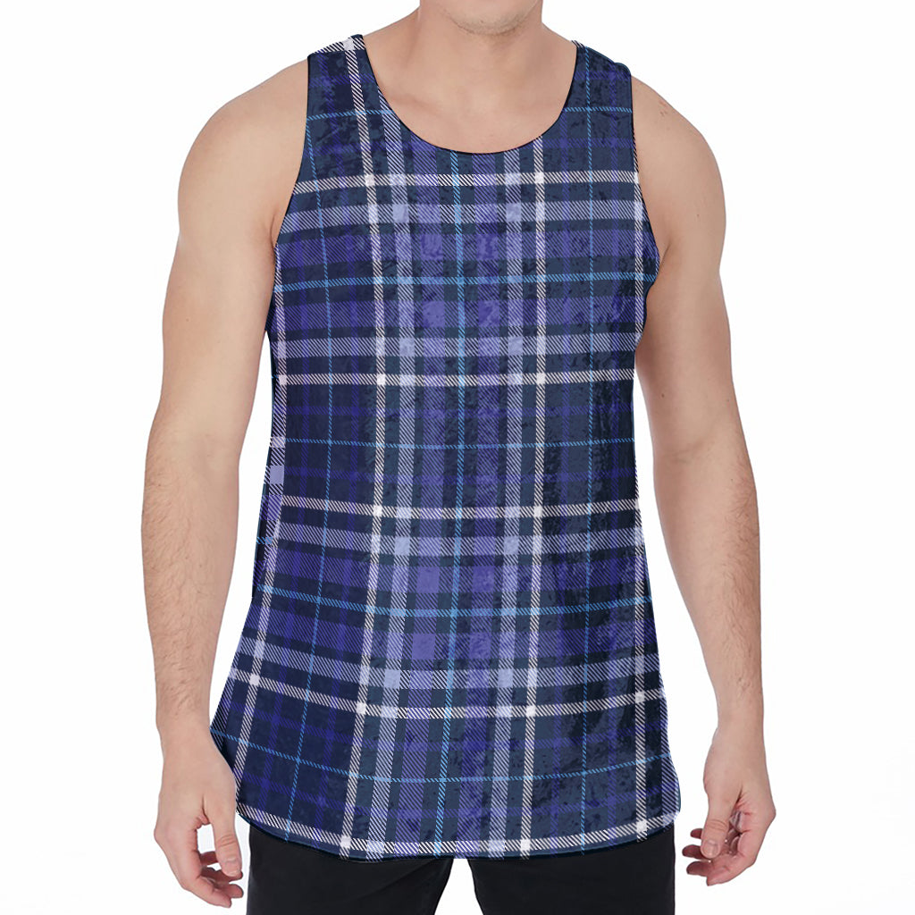 Blue Border Tartan Pattern Print Men's Velvet Tank Top