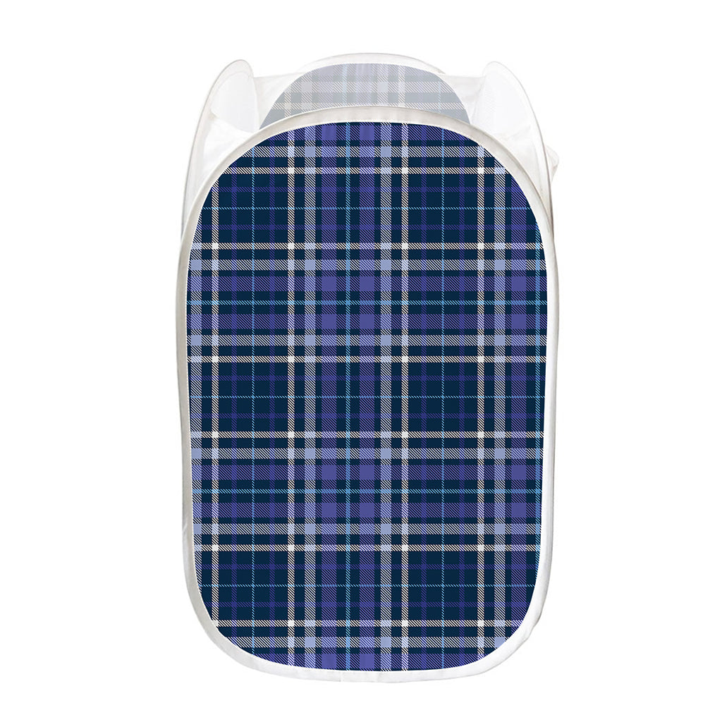 Blue Border Tartan Pattern Print Mesh Laundry Hamper