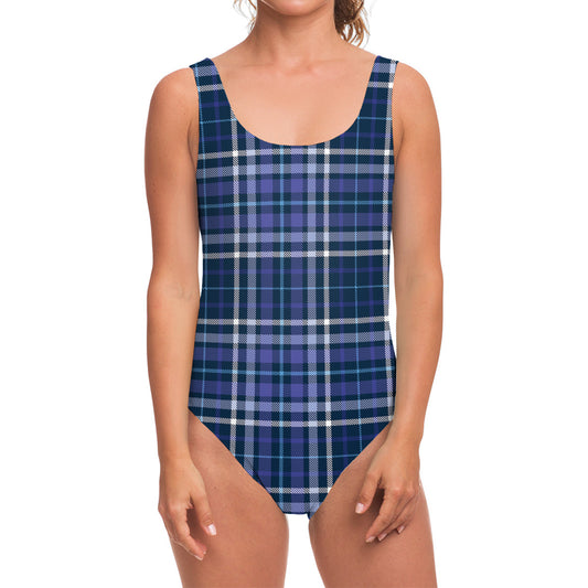 Blue Border Tartan Pattern Print One Piece Swimsuit
