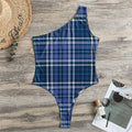 Blue Border Tartan Pattern Print One Shoulder Bodysuit