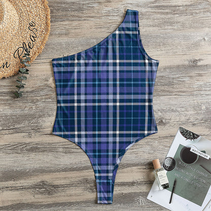Blue Border Tartan Pattern Print One Shoulder Bodysuit