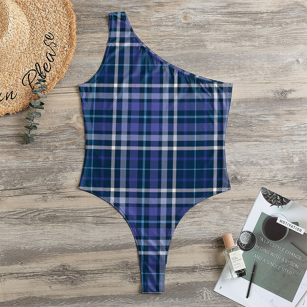 Blue Border Tartan Pattern Print One Shoulder Bodysuit