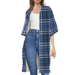 Blue Border Tartan Pattern Print Open Front Beach Cover Up