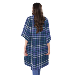 Blue Border Tartan Pattern Print Open Front Beach Cover Up