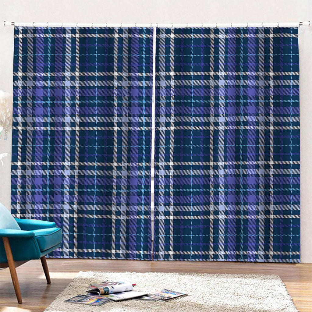 Blue Border Tartan Pattern Print Pencil Pleat Curtains