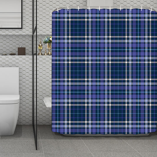Blue Border Tartan Pattern Print Polyester Shower Curtain