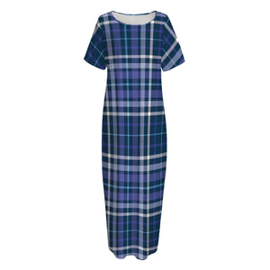 Blue Border Tartan Pattern Print Short Sleeve Long Nightdress