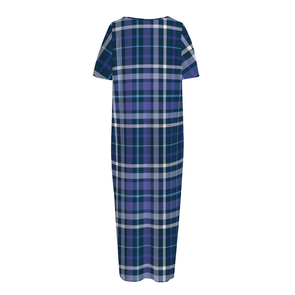 Blue Border Tartan Pattern Print Short Sleeve Long Nightdress