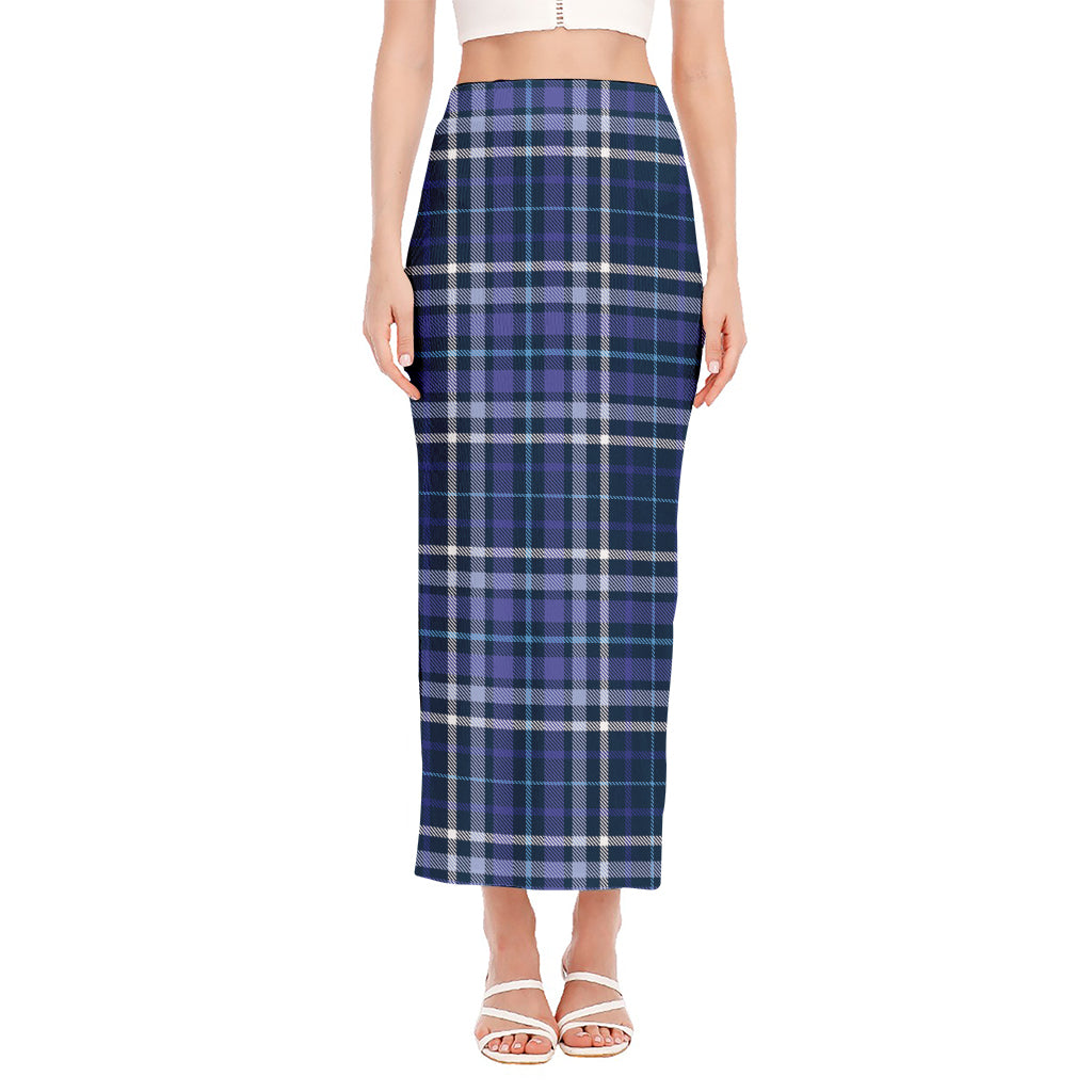 Blue Border Tartan Pattern Print Side Slit Maxi Skirt