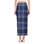 Blue Border Tartan Pattern Print Side Slit Maxi Skirt