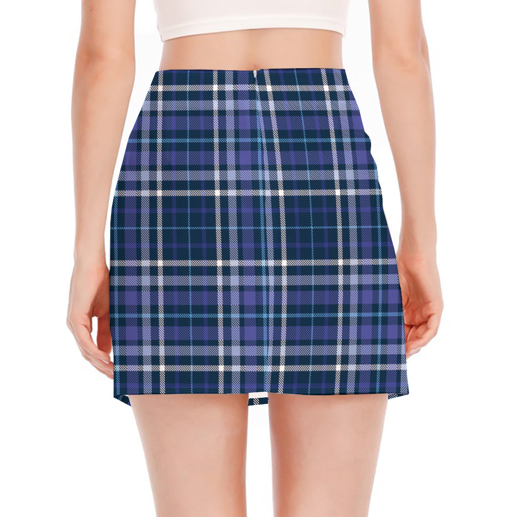 Blue Border Tartan Pattern Print Side Slit Mini Skirt