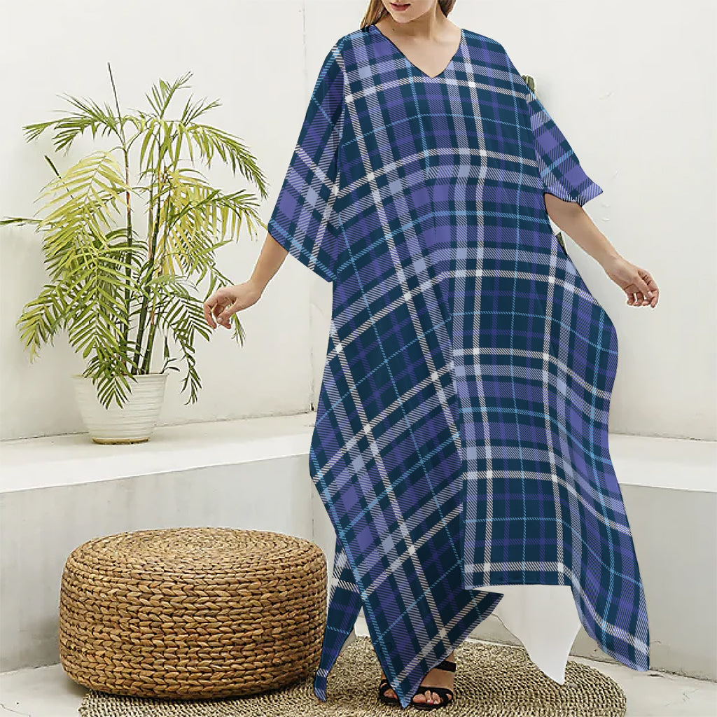 Blue Border Tartan Pattern Print Silk V-Neck Kaftan Dress