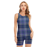 Blue Border Tartan Pattern Print Sleeveless One Piece Swimsuit