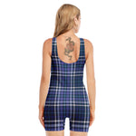 Blue Border Tartan Pattern Print Sleeveless One Piece Swimsuit