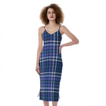 Blue Border Tartan Pattern Print Slim Fit Midi Cami Dress