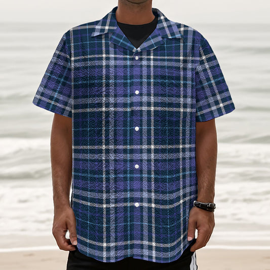 Blue Border Tartan Pattern Print Textured Short Sleeve Shirt