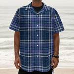 Blue Border Tartan Pattern Print Textured Short Sleeve Shirt