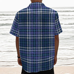 Blue Border Tartan Pattern Print Textured Short Sleeve Shirt