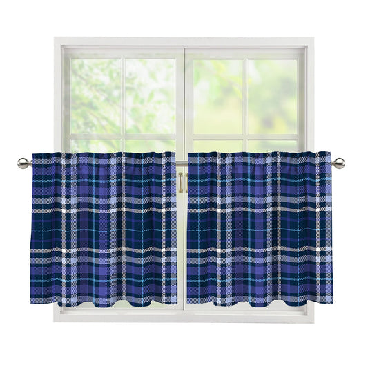Blue Border Tartan Pattern Print Tier Curtains