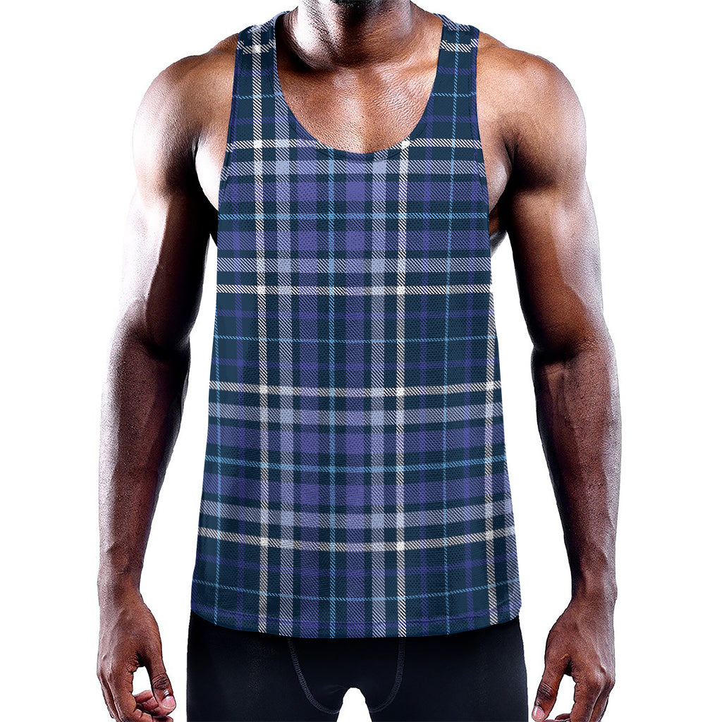 Blue Border Tartan Pattern Print Training Tank Top