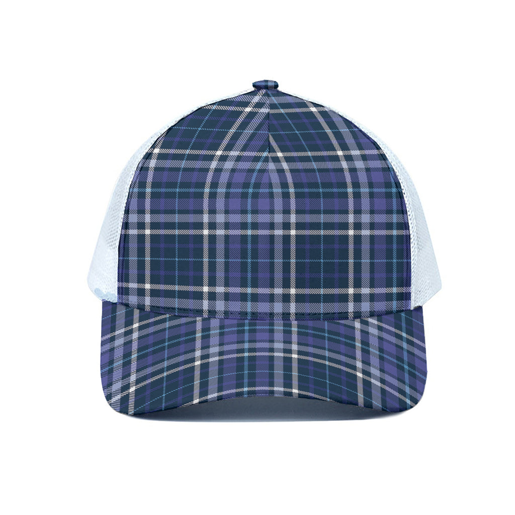 Blue Border Tartan Pattern Print White Mesh Trucker Cap