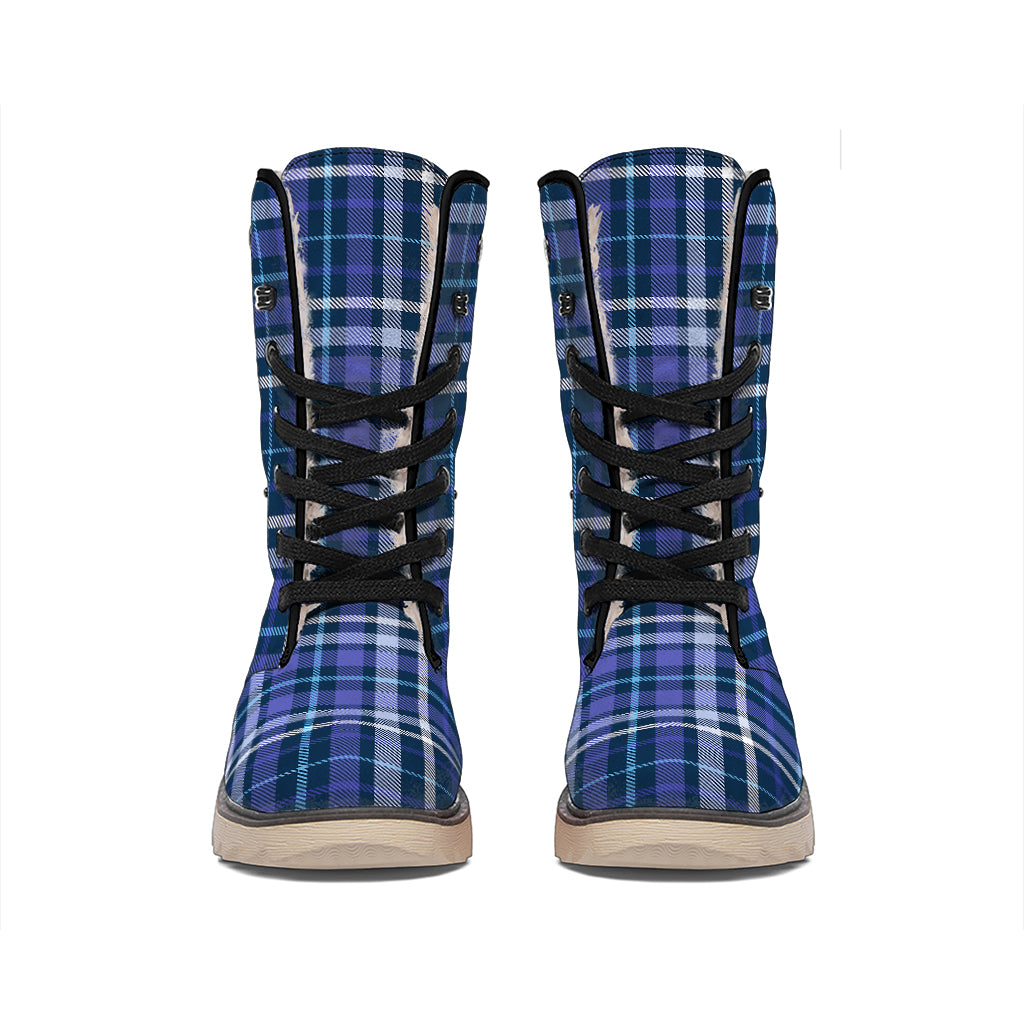 Blue Border Tartan Pattern Print Winter Boots