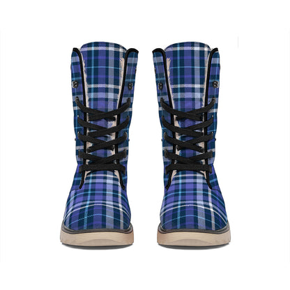 Blue Border Tartan Pattern Print Winter Boots