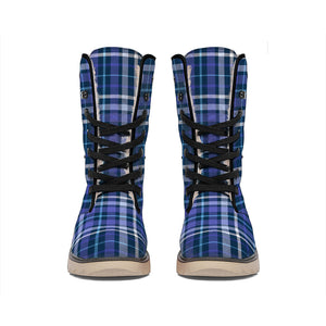 Blue Border Tartan Pattern Print Winter Boots