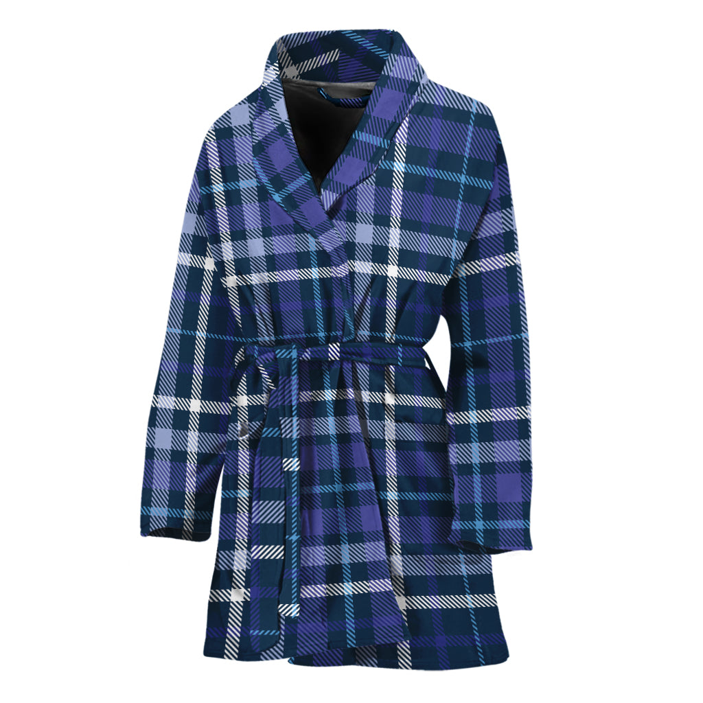 Blue Border Tartan Pattern Print Women's Bathrobe