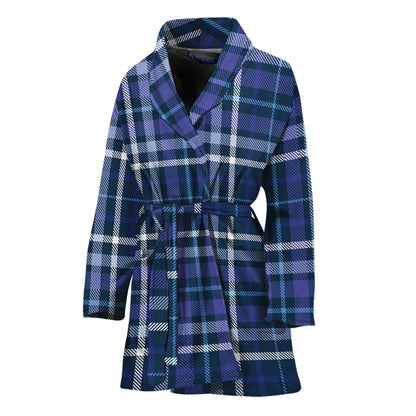 Blue Border Tartan Pattern Print Women's Bathrobe