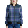 Blue Border Tartan Pattern Print Women's Bomber Jacket