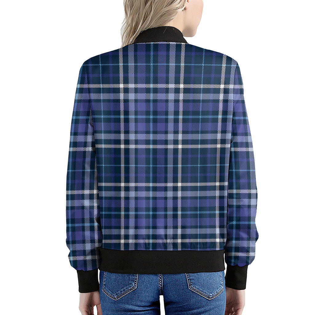 Blue Border Tartan Pattern Print Women's Bomber Jacket