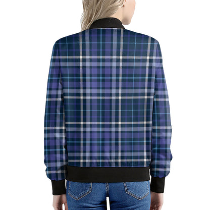 Blue Border Tartan Pattern Print Women's Bomber Jacket