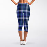 Blue Border Tartan Pattern Print Women's Capri Leggings