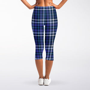 Blue Border Tartan Pattern Print Women's Capri Leggings