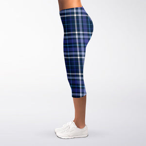 Blue Border Tartan Pattern Print Women's Capri Leggings