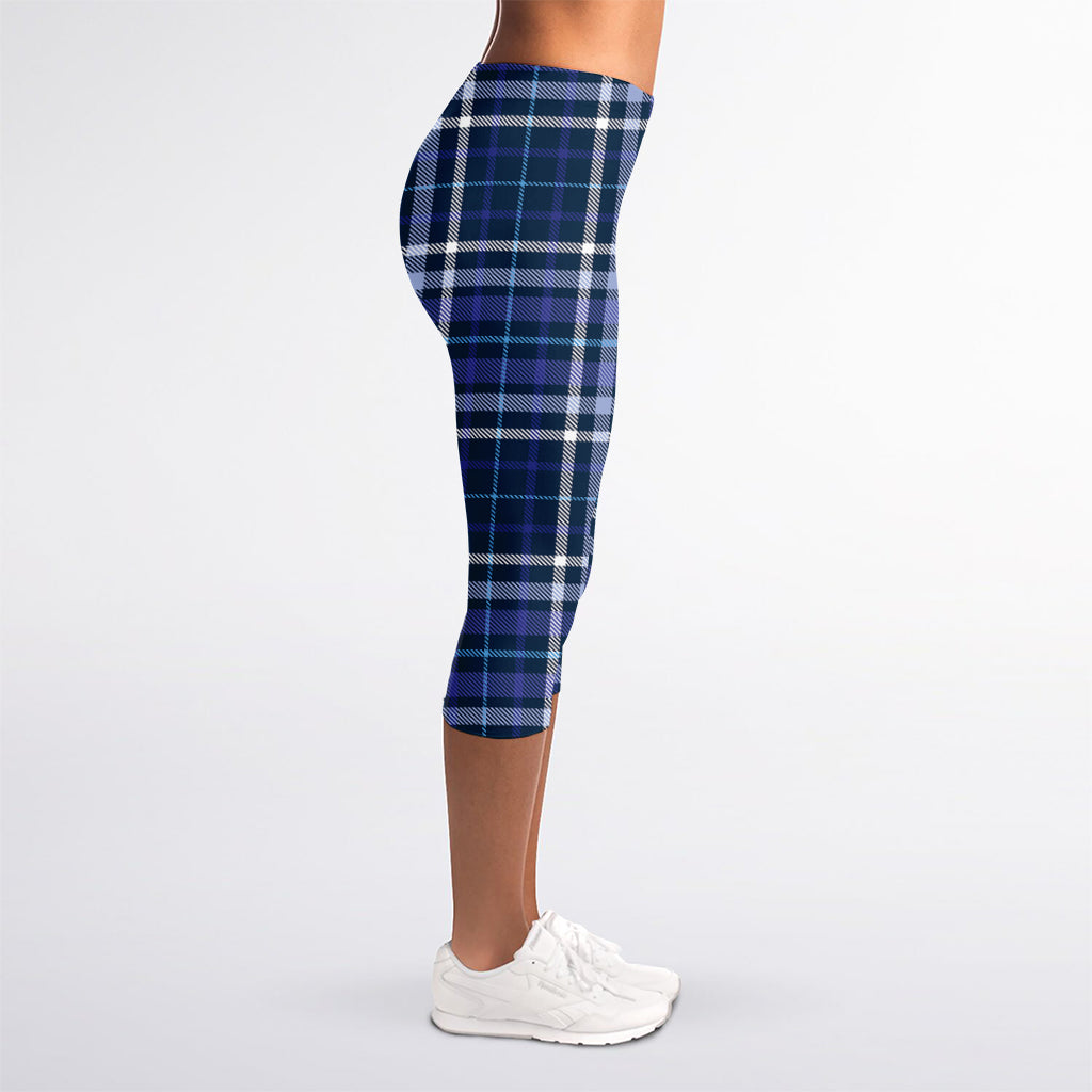 Blue Border Tartan Pattern Print Women's Capri Leggings