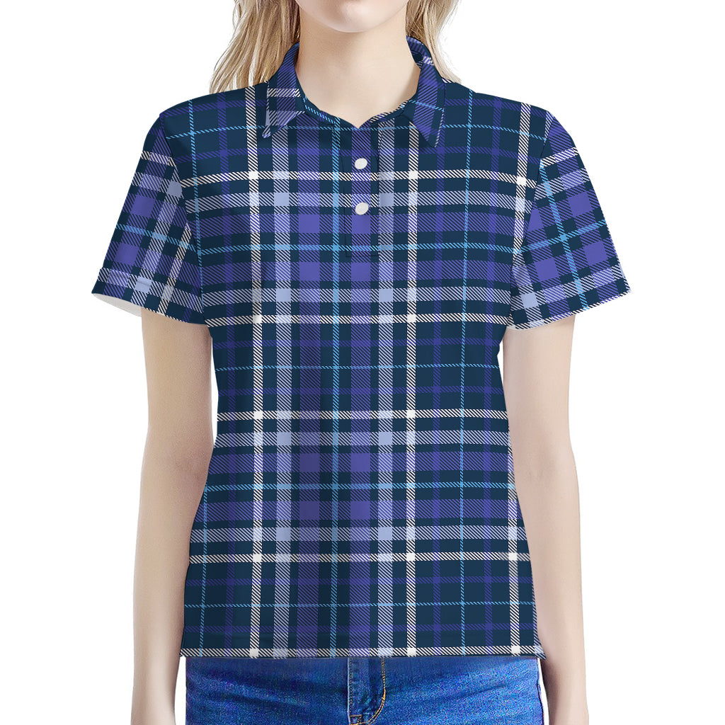 Blue Border Tartan Pattern Print Women's Polo Shirt