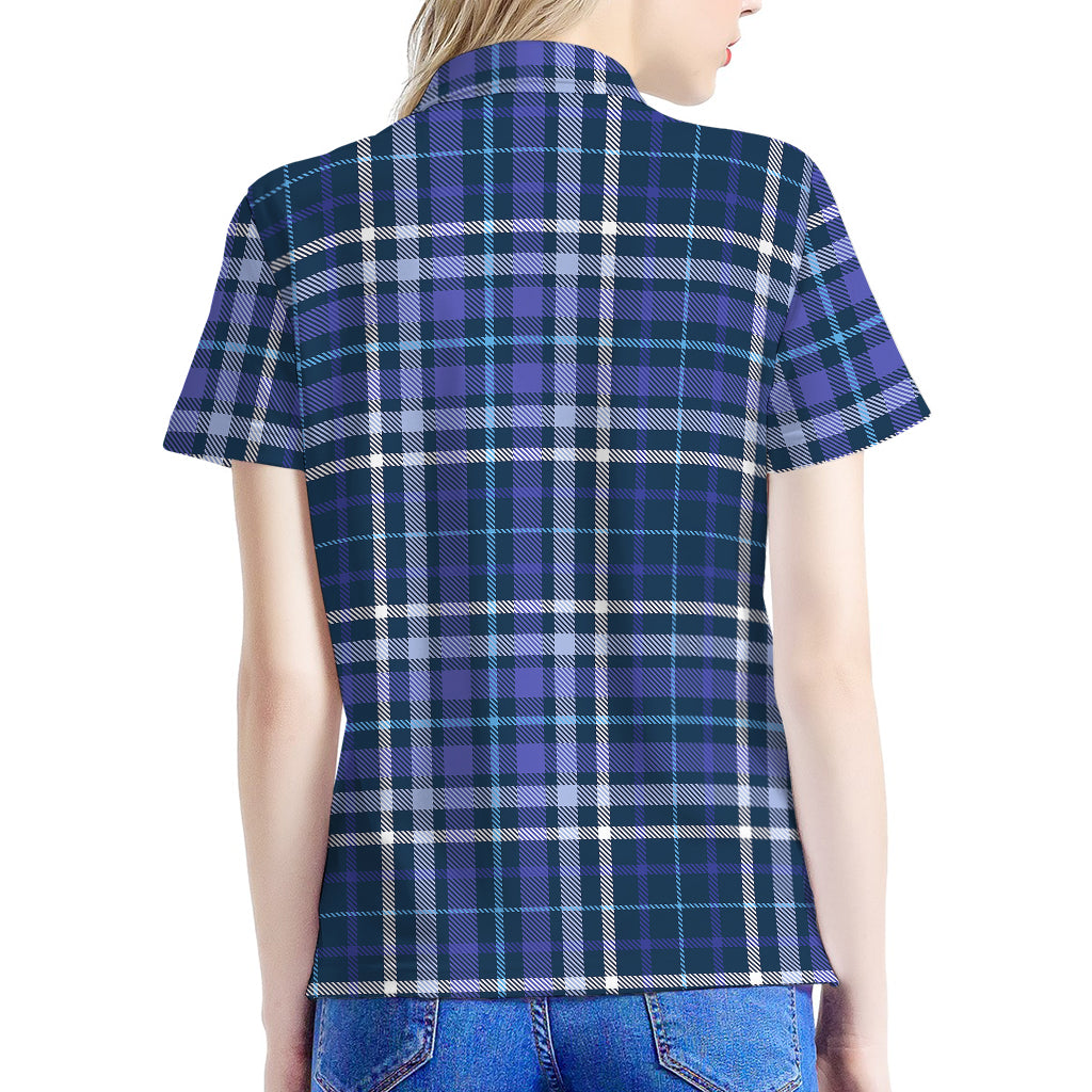 Blue Border Tartan Pattern Print Women's Polo Shirt