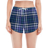 Blue Border Tartan Pattern Print Women's Split Running Shorts