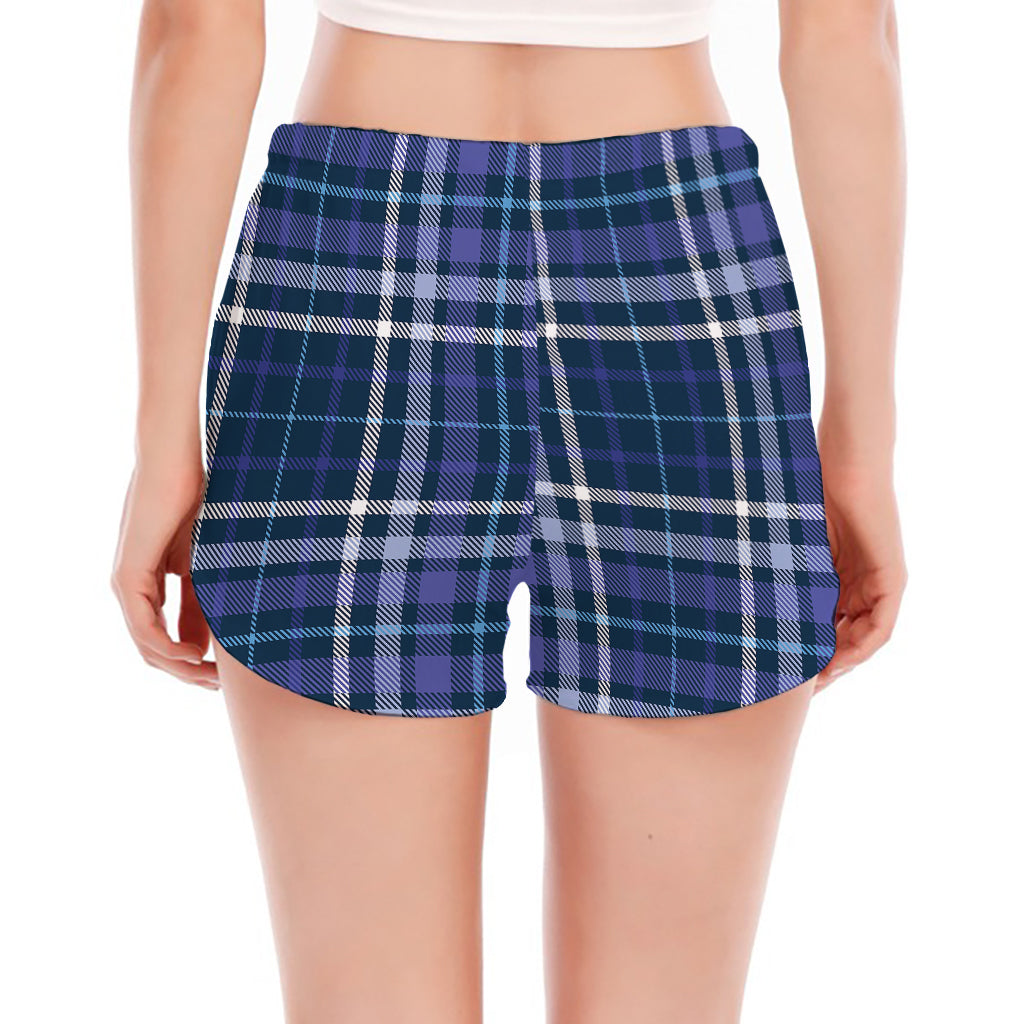 Blue Border Tartan Pattern Print Women's Split Running Shorts