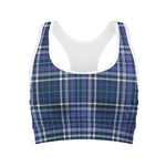 Blue Border Tartan Pattern Print Women's Sports Bra