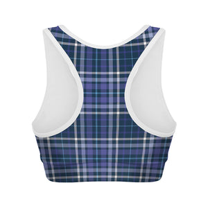 Blue Border Tartan Pattern Print Women's Sports Bra